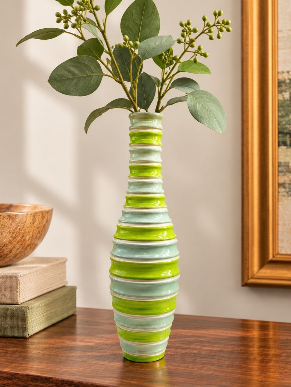 FIB Burton & Burton Tall Ribbed Pottery Vase in Green Hues